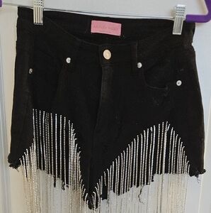 Black Jean Shorts with Silver Fringe by Azalea Wang